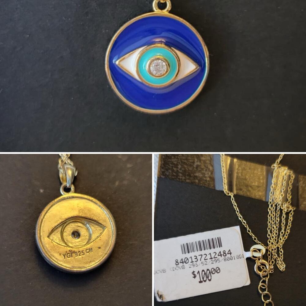 Macys Cubic Zirconia & Enamel Evil Eye Pendant Necklace 14k Gold Plated Silver